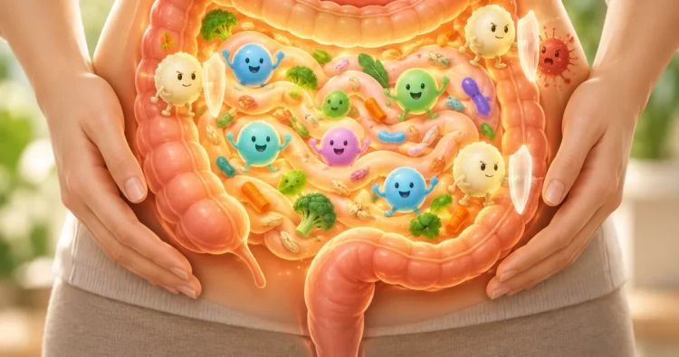 Minh họa vì sao miễn dịch đường ruột cần duy trì trạng thái cân bằng giữa thức ăn, vi sinh vật có lợi và tác nhân nguy hại